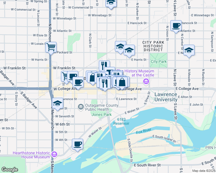 map of restaurants, bars, coffee shops, grocery stores, and more near in Appleton