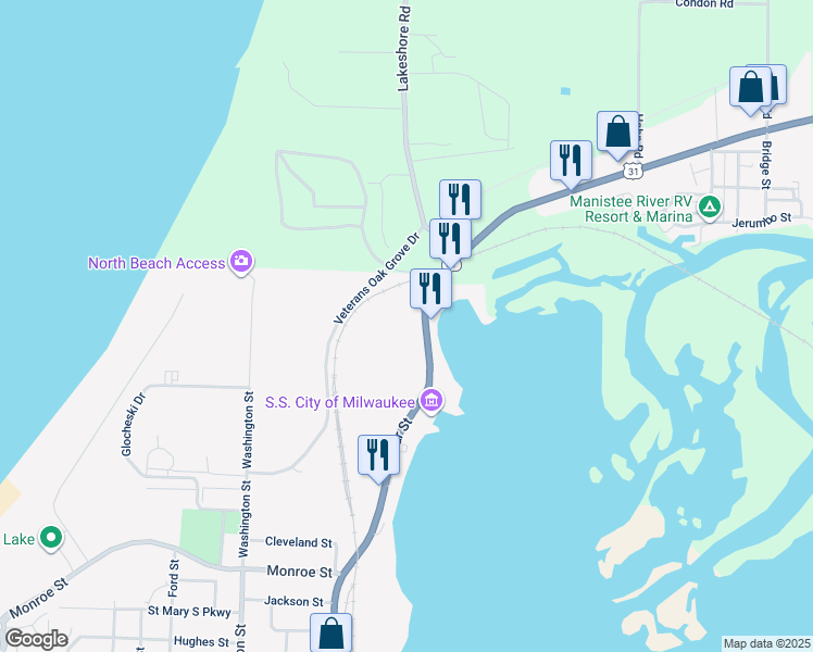 map of restaurants, bars, coffee shops, grocery stores, and more near 220 Arthur Street in Manistee