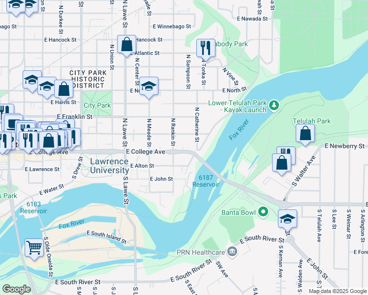 map of restaurants, bars, coffee shops, grocery stores, and more near 922 East College Avenue in Appleton