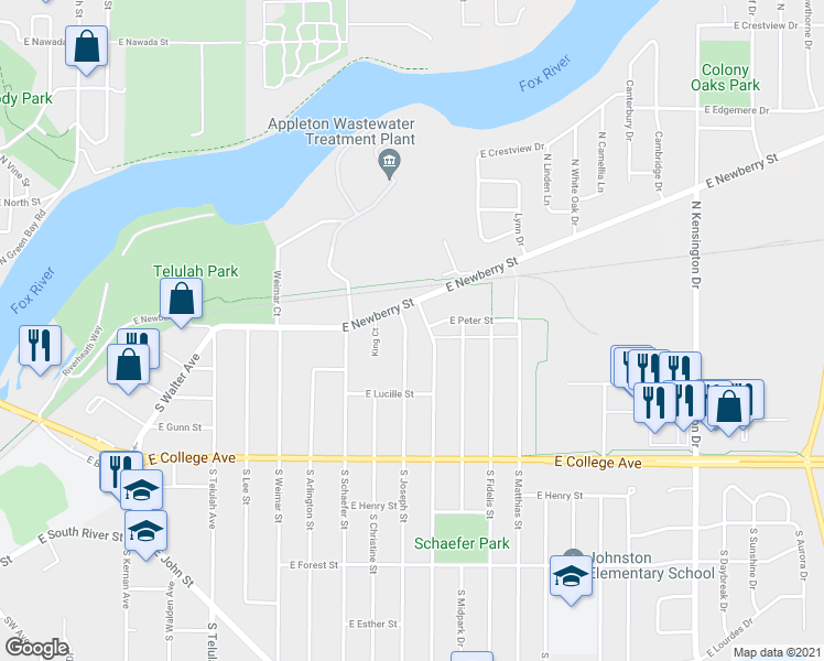 map of restaurants, bars, coffee shops, grocery stores, and more near 110 South Joseph Street in Appleton