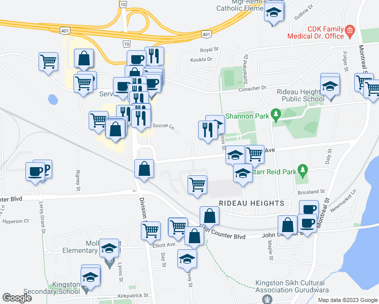 map of restaurants, bars, coffee shops, grocery stores, and more near 8 Trillium Court in Kingston