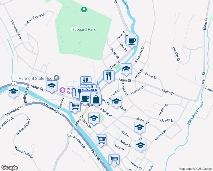 map of restaurants, bars, coffee shops, grocery stores, and more near 145 Vermont 12 in Montpelier