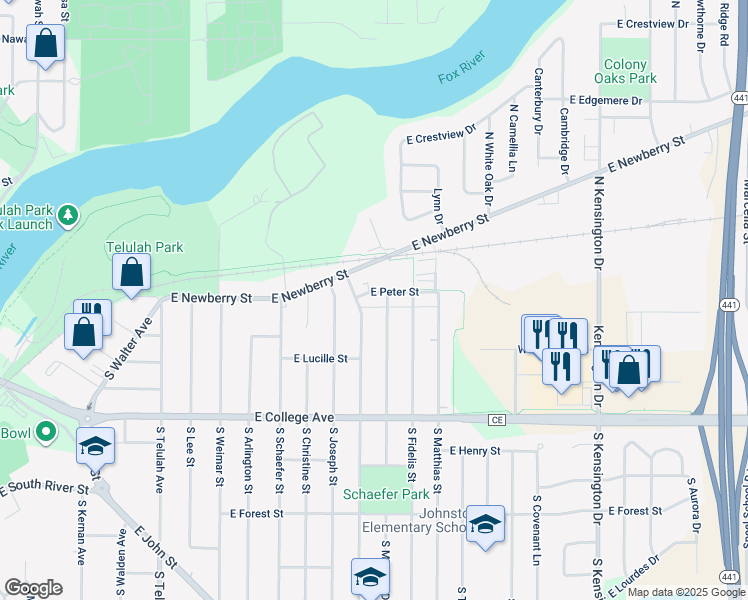 map of restaurants, bars, coffee shops, grocery stores, and more near 2315 East Peter Street in Appleton