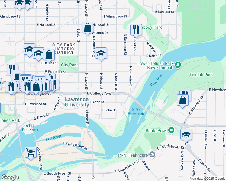 map of restaurants, bars, coffee shops, grocery stores, and more near 838 East College Avenue in Appleton