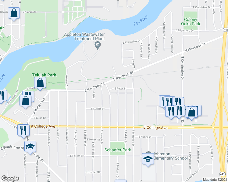 map of restaurants, bars, coffee shops, grocery stores, and more near 2315 East Peter Street in Appleton