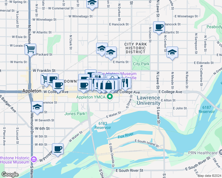 map of restaurants, bars, coffee shops, grocery stores, and more near 204 East College Avenue in Appleton