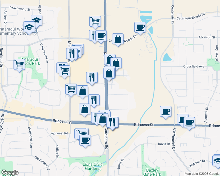 map of restaurants, bars, coffee shops, grocery stores, and more near 1044 Gardiners Road in Kingston