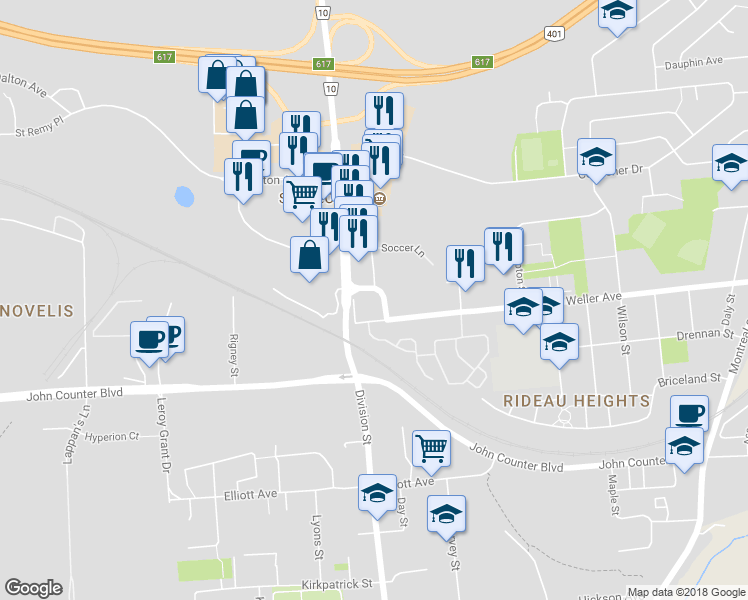 map of restaurants, bars, coffee shops, grocery stores, and more near 410 Weller Avenue in Kingston