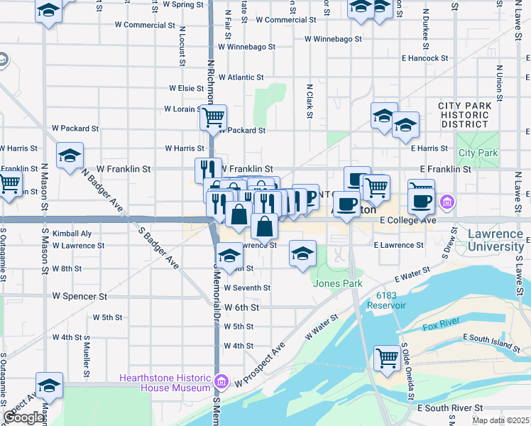 map of restaurants, bars, coffee shops, grocery stores, and more near 514 West College Avenue in Appleton
