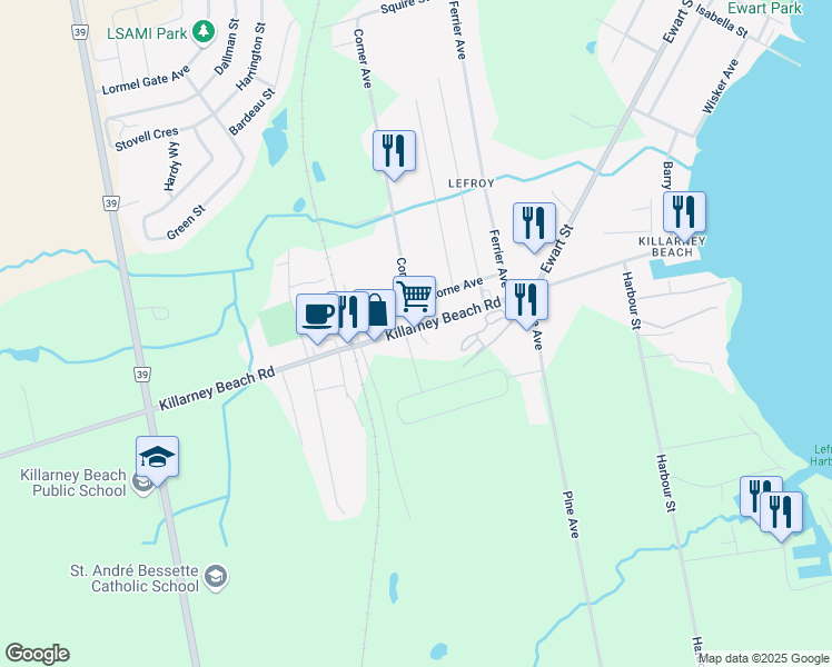map of restaurants, bars, coffee shops, grocery stores, and more near 1311 Killarney Beach Road in Innisfil