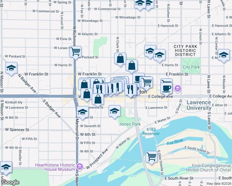 map of restaurants, bars, coffee shops, grocery stores, and more near 326 West College Avenue in Appleton