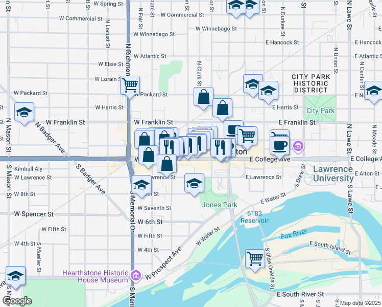 map of restaurants, bars, coffee shops, grocery stores, and more near 344 West College Avenue in Appleton
