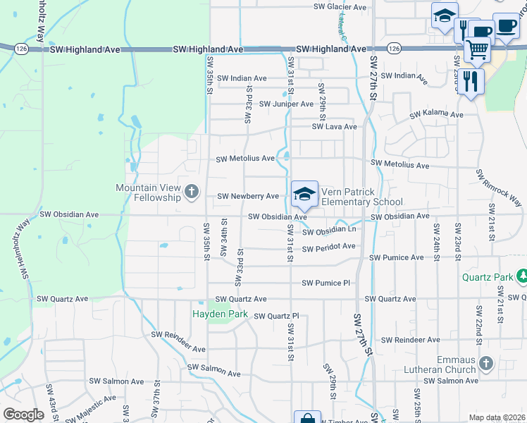 map of restaurants, bars, coffee shops, grocery stores, and more near 3211 Southwest Obsidian Avenue in Redmond