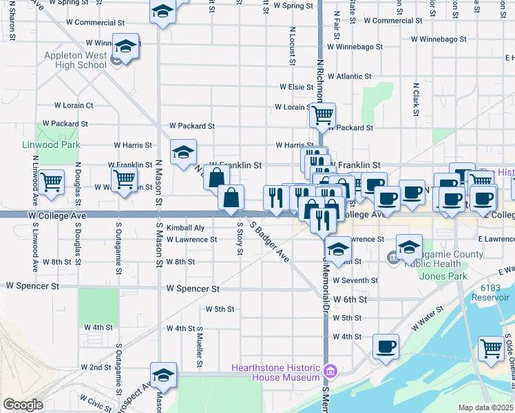 map of restaurants, bars, coffee shops, grocery stores, and more near in Appleton