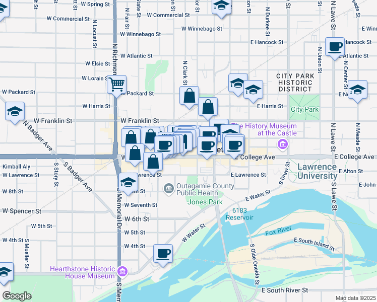 map of restaurants, bars, coffee shops, grocery stores, and more near 344 West College Avenue in Appleton