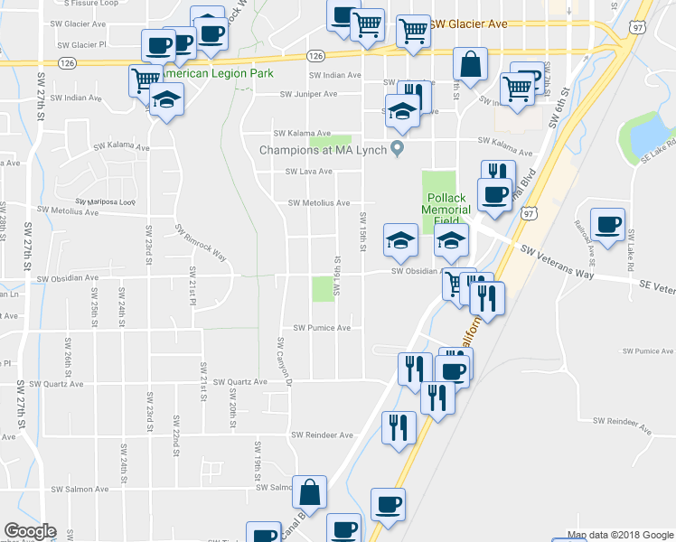 map of restaurants, bars, coffee shops, grocery stores, and more near 1486 Southwest 16th Street in Redmond