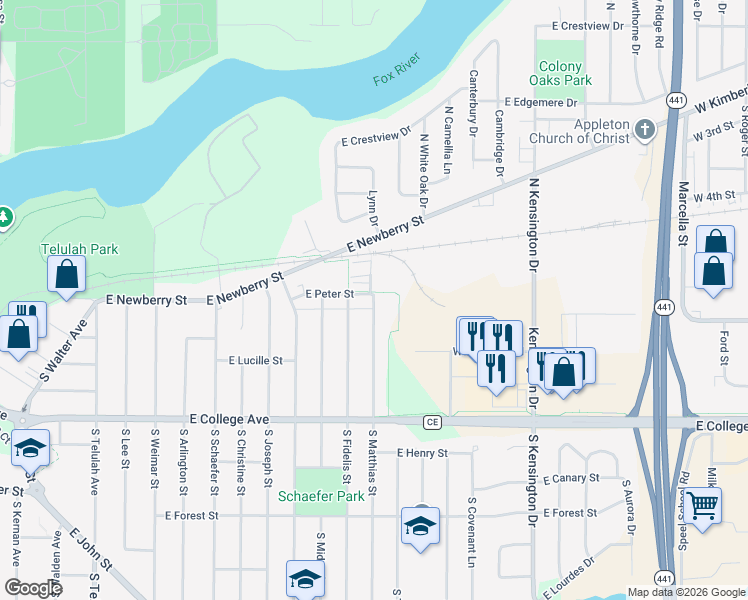 map of restaurants, bars, coffee shops, grocery stores, and more near 2 South Matthias Street in Appleton