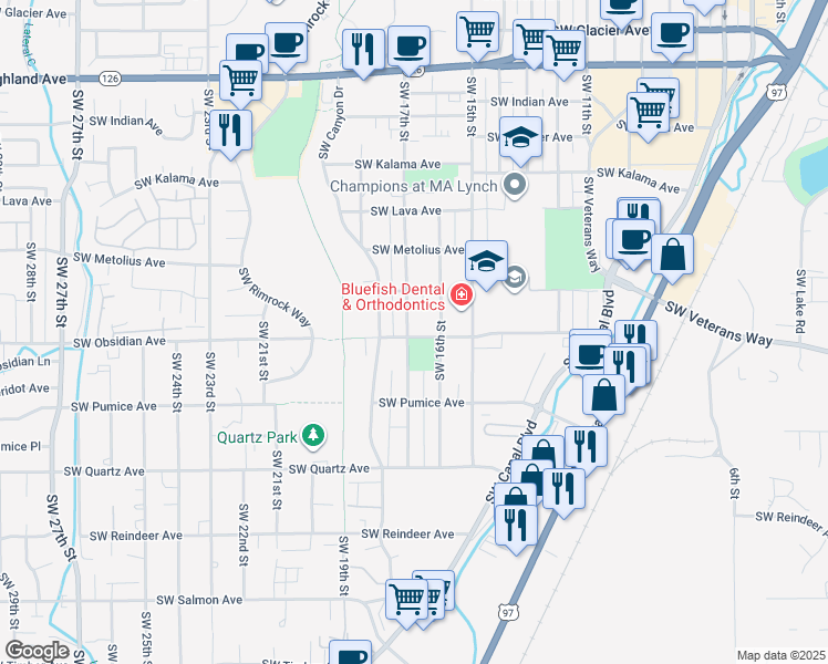 map of restaurants, bars, coffee shops, grocery stores, and more near 1474 Southwest 17th Street in Redmond