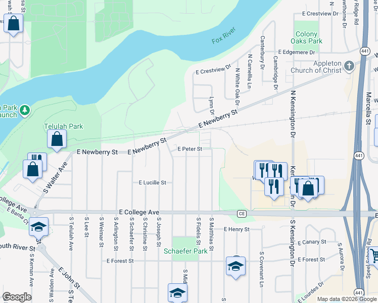 map of restaurants, bars, coffee shops, grocery stores, and more near 103 South Fidelis Street in Appleton
