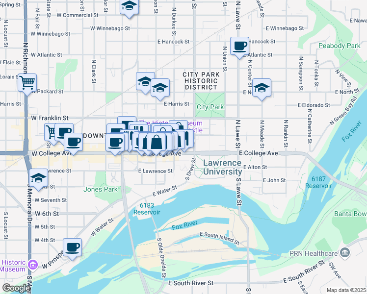 map of restaurants, bars, coffee shops, grocery stores, and more near 308 East College Avenue in Appleton