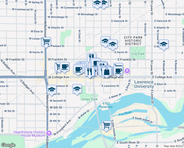 map of restaurants, bars, coffee shops, grocery stores, and more near in Appleton