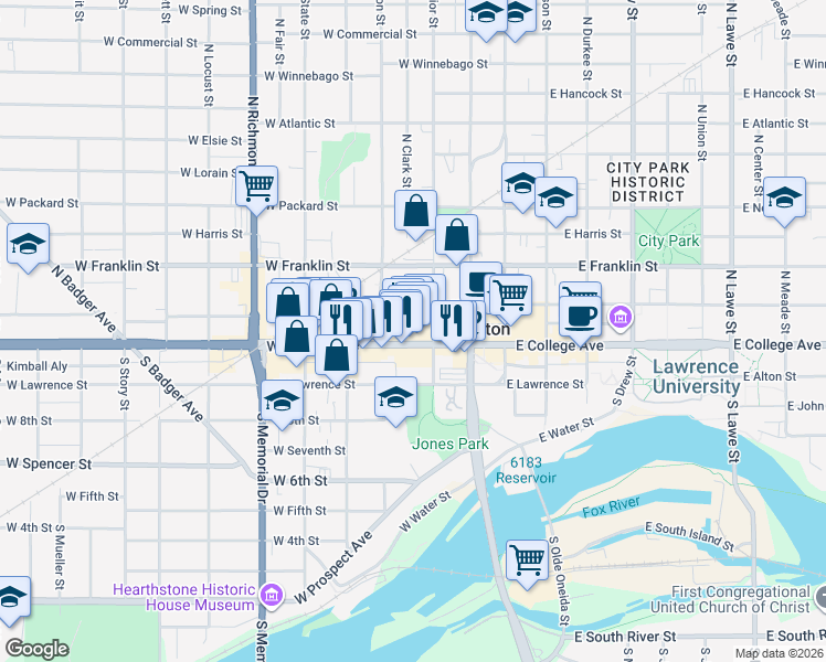 map of restaurants, bars, coffee shops, grocery stores, and more near 344 West College Avenue in Appleton