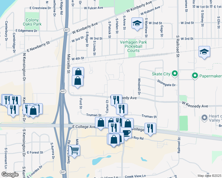 map of restaurants, bars, coffee shops, grocery stores, and more near 563 Carter Court in Kimberly