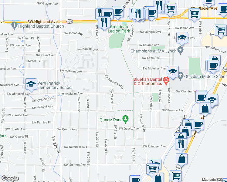 map of restaurants, bars, coffee shops, grocery stores, and more near 2107 Southwest Obsidian Avenue in Redmond