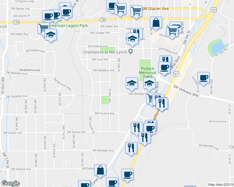 map of restaurants, bars, coffee shops, grocery stores, and more near 1480 Southwest 16th Street in Redmond