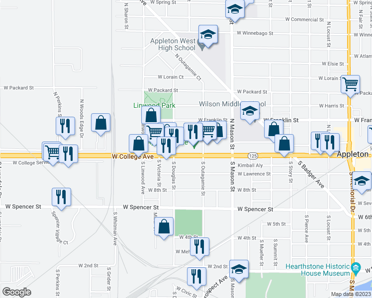 map of restaurants, bars, coffee shops, grocery stores, and more near 1500 West College Avenue in Appleton