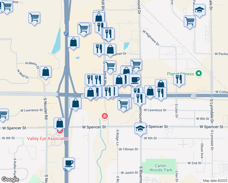 map of restaurants, bars, coffee shops, grocery stores, and more near West College Service Road in Appleton