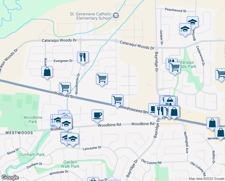 map of restaurants, bars, coffee shops, grocery stores, and more near 323 Janette Street in Kingston