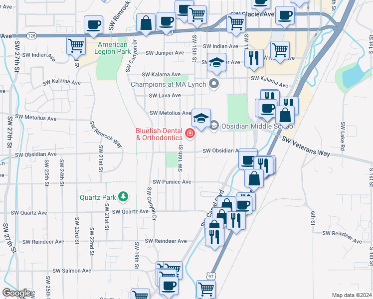 map of restaurants, bars, coffee shops, grocery stores, and more near 1476 Southwest 16th Street in Redmond