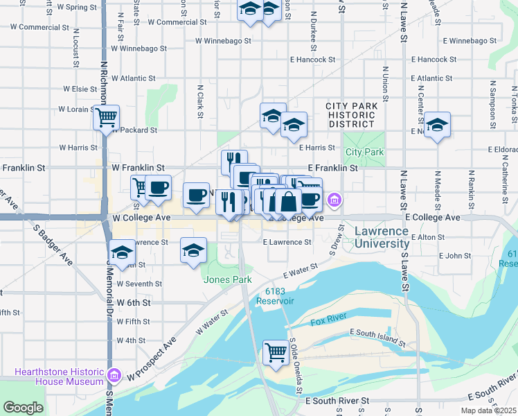 map of restaurants, bars, coffee shops, grocery stores, and more near 10 East College Avenue in Appleton