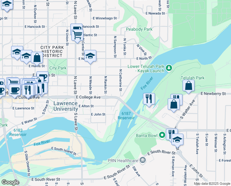 map of restaurants, bars, coffee shops, grocery stores, and more near 922 East College Avenue in Appleton