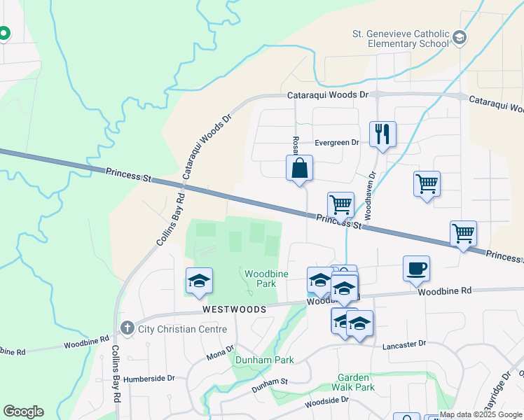 map of restaurants, bars, coffee shops, grocery stores, and more near 3183 Princess Street in Kingston