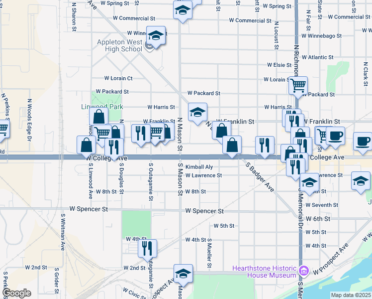 map of restaurants, bars, coffee shops, grocery stores, and more near 1230 West College Avenue in Appleton