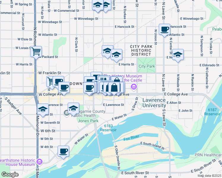 map of restaurants, bars, coffee shops, grocery stores, and more near 10 South Oneida Street in Appleton