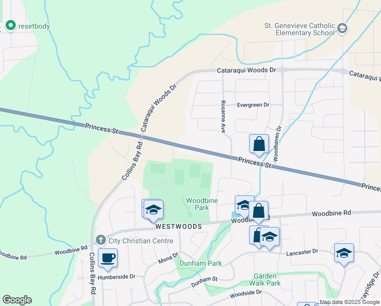 map of restaurants, bars, coffee shops, grocery stores, and more near 3183 Princess Street in Kingston