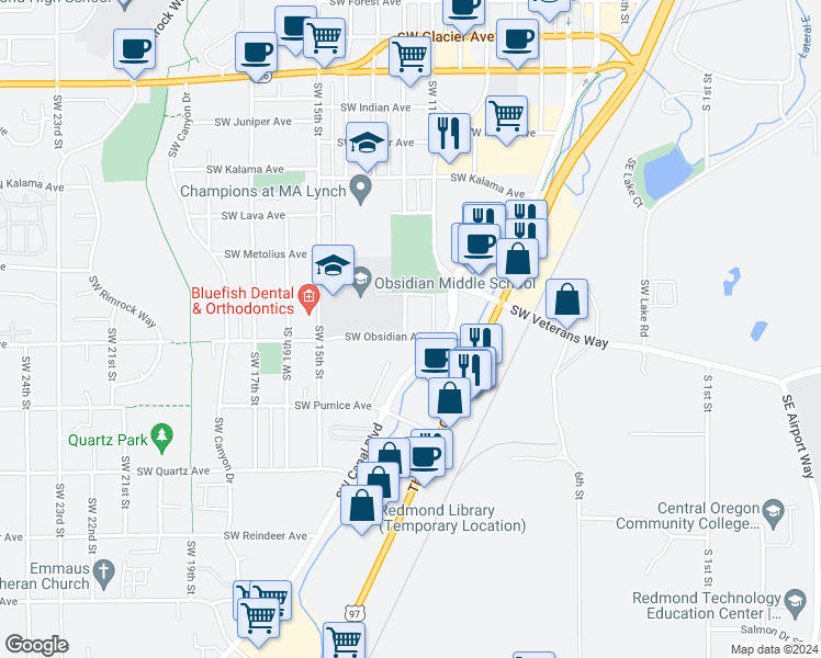 map of restaurants, bars, coffee shops, grocery stores, and more near 1462 Southwest 12th Street in Redmond