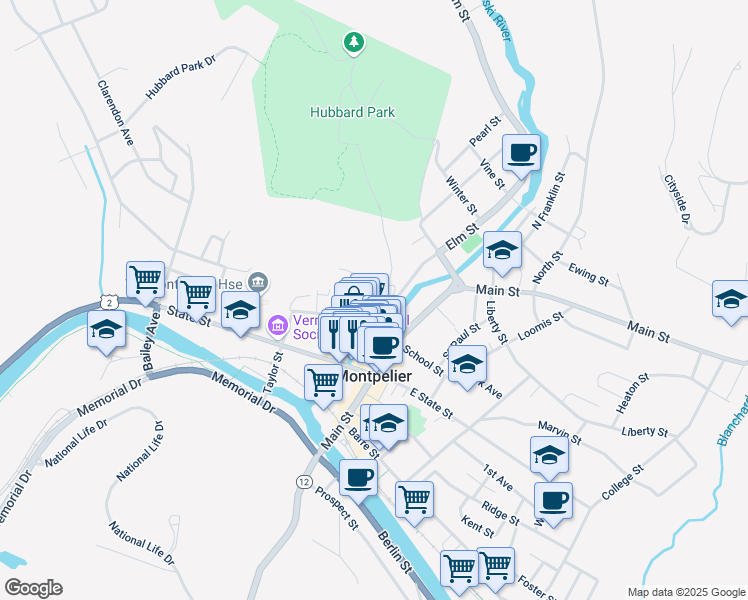 map of restaurants, bars, coffee shops, grocery stores, and more near 7 Court Street in Montpelier