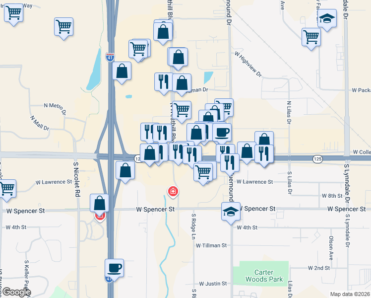 map of restaurants, bars, coffee shops, grocery stores, and more near 3633 West College Service Road in Appleton