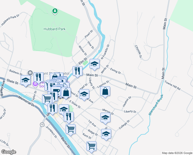 map of restaurants, bars, coffee shops, grocery stores, and more near 171 Main Street in Montpelier