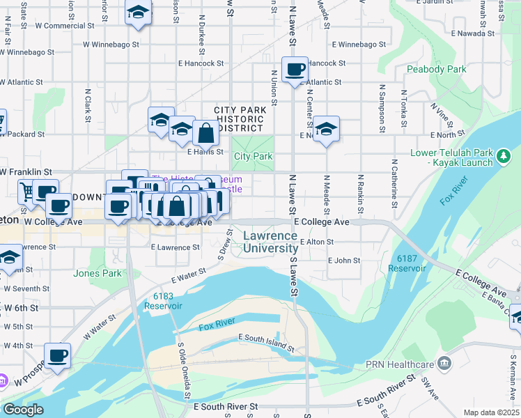 map of restaurants, bars, coffee shops, grocery stores, and more near 510 East College Avenue in Appleton
