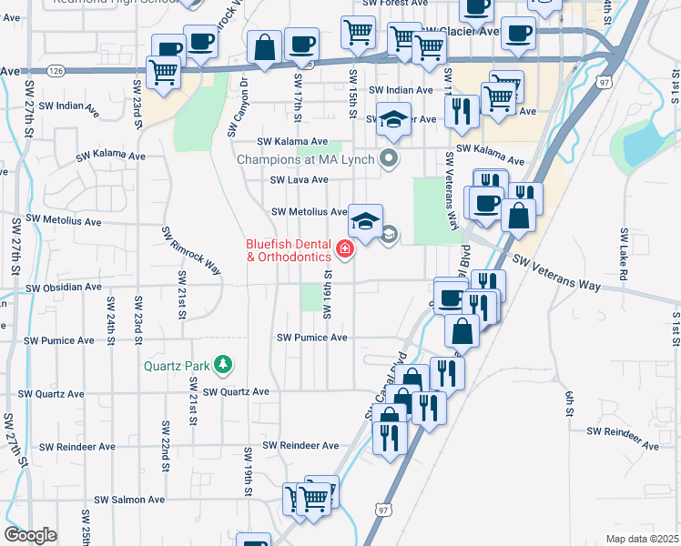 map of restaurants, bars, coffee shops, grocery stores, and more near 1460 Southwest 16th Street in Redmond