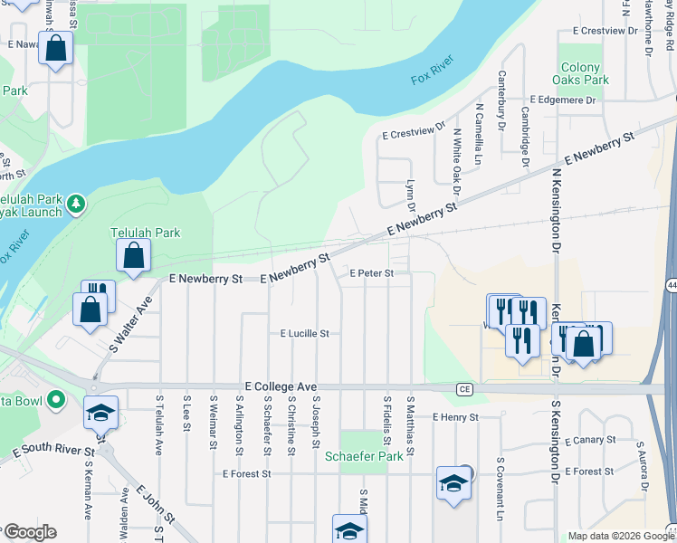 map of restaurants, bars, coffee shops, grocery stores, and more near 2315 East Peter Street in Appleton