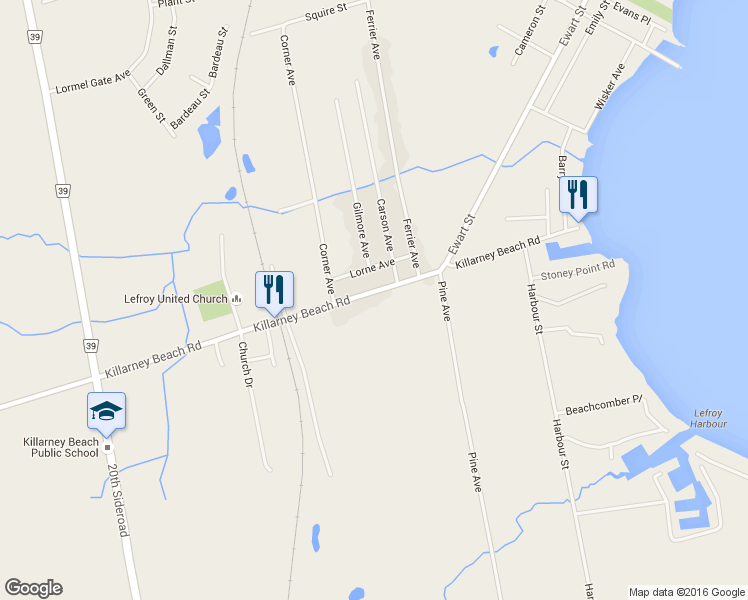 map of restaurants, bars, coffee shops, grocery stores, and more near 1283 Killarney Beach Road in Innisfil