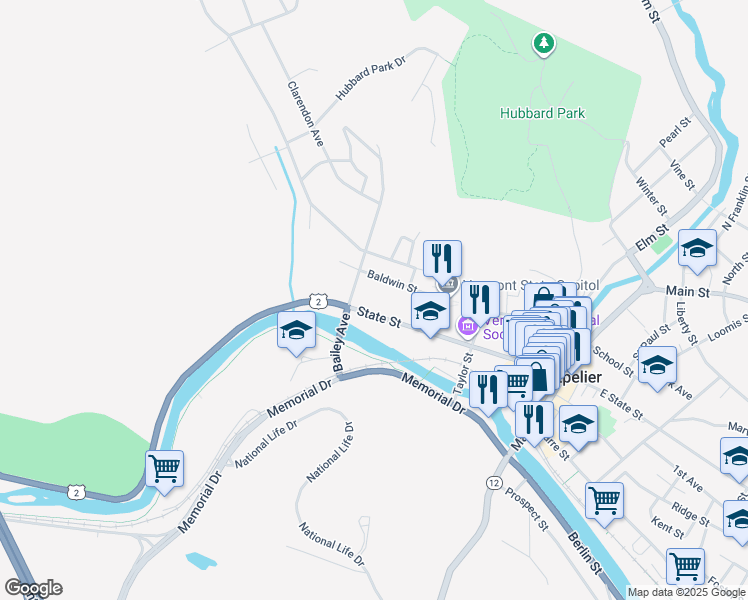 map of restaurants, bars, coffee shops, grocery stores, and more near 139 State Street in Montpelier