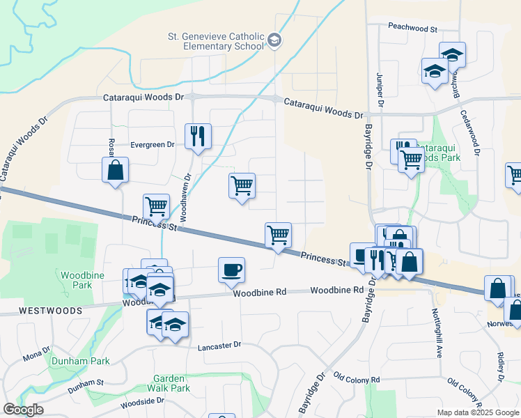 map of restaurants, bars, coffee shops, grocery stores, and more near 321 Janette Street in Kingston