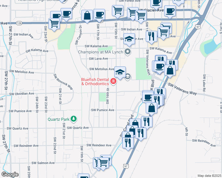 map of restaurants, bars, coffee shops, grocery stores, and more near 1456 Southwest 16th Street in Redmond